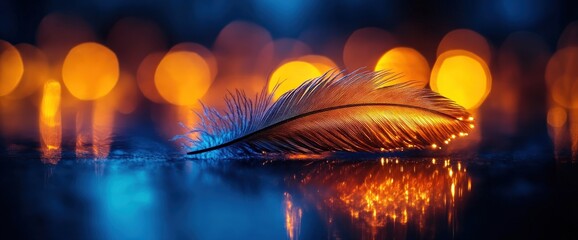Illuminated feather, bokeh background, dark surface, night scene, design element