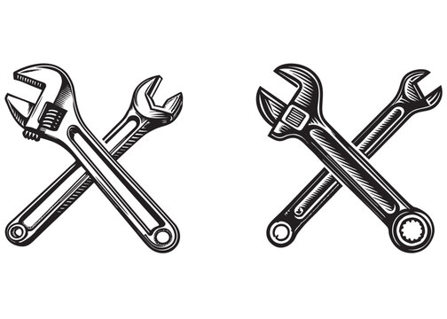 silhouette wrench logo vector, work tool logo icon silhouette logo, spanner logo silhouette vector, spanner logo design key tool isolated on white background.