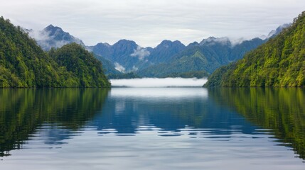 Fototapeta premium Tranquil lake reflection verdant mountains nature photography serene environment wide angle peaceful concept