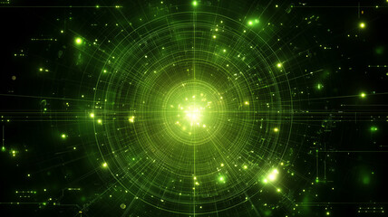 vibrant green abstract background featuring glowing particles and circular patterns, creating sense of depth and energy. Ideal for technology or science themes