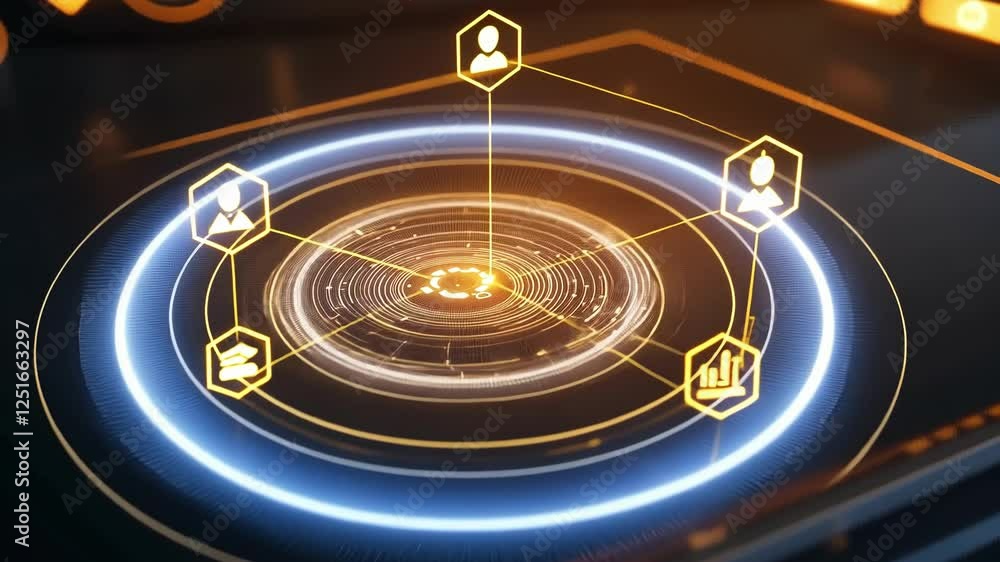 Poster orange futuristic hologram showing data analysis and information processing with floating icons and 