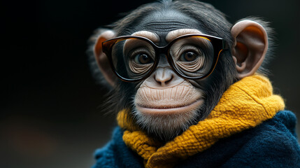Fototapeta premium Charming chimpanzee with glasses and cozy scarf for creative branding, playful marketing, and modern design concepts. Copy space