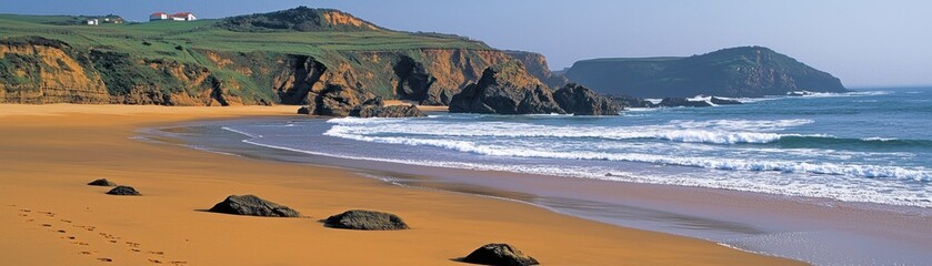 Scenic Beach with Rolling Hills. Waves on Sandy Shore. Possible use for travel brochure or postcard