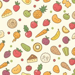 Illustrated Pattern Animals, Doodle, Food