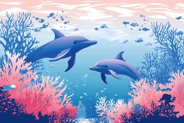 Naklejka premium Two cheerful dolphins swim amongst coral in a vivid ocean