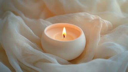 A Lit Candle Rests on Soft Cream Fabric