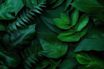 Lush tropical leaves flatlay, dark green foliage, nature background, design element