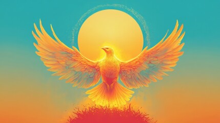Obraz premium Golden phoenix rises majestically before a radiant sunburst backdrop