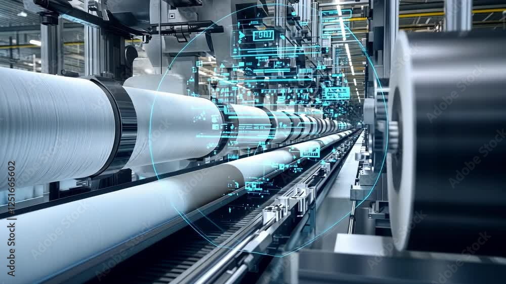 Poster automated production line processing textile yarn in a smart factory implementing futuristic hologra
