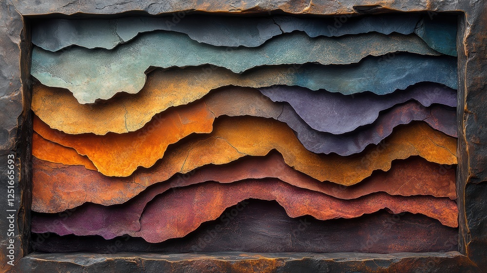 Poster a layered abstract design showcasing vibrant colors and textured patterns.