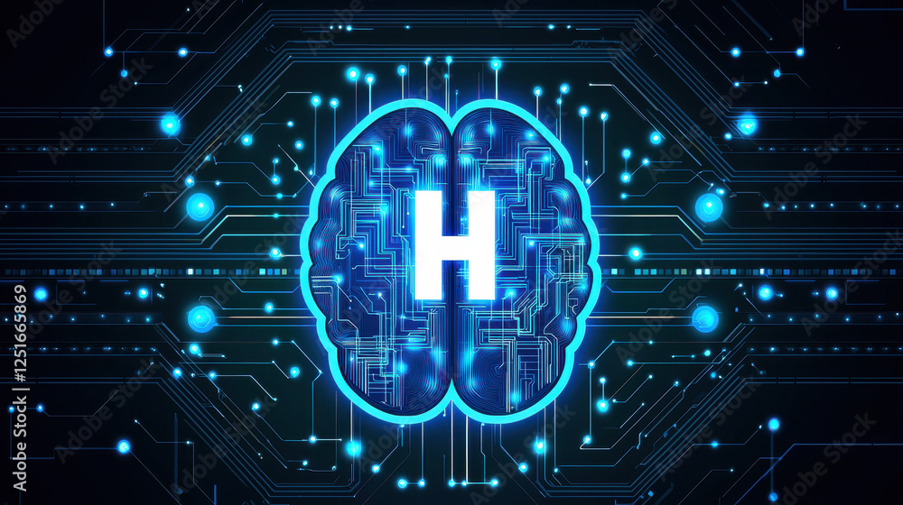 Poster futuristic ai-driven digital twin of a human brain above a neural interface with glowing synapses sh