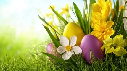 Easter Eggs and Spring Flowers Celebrate the Season in a Green Grassy Setting on a Sunny Day.