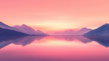Fototapeta premium A tranquil sunset over a mountain lake, where the sky is painted in shades of pink and orange, blending seamlessly with the perfect reflection on the water