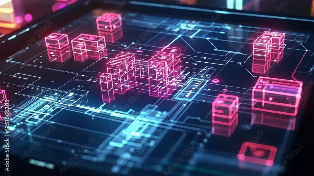 Poster futuristic server room managing and processing data packages with glowing neon lights and complex ci