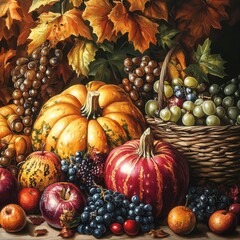 A lavish autumn harvest still life showcases seasonal abundance