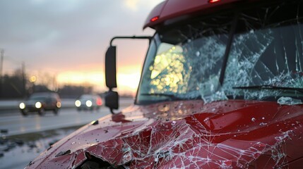 Severely damaged red semi truck with shattered windshield on an abandoned highway scene