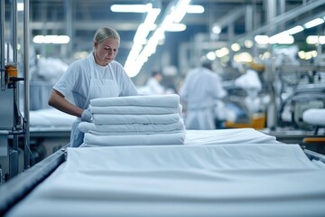 Close-up view of white pillows on a mechanized conveyor belt system within a large, modern laundry or textile processing facility.