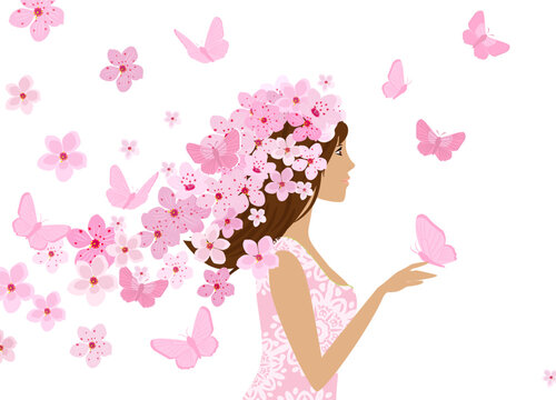 pretty girl with long flowing hair in pink dress holding butterfly. hairstyle with cherry blossoms and butterflies