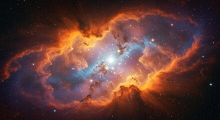 A breathtaking cosmic nebula in deep space featuring swirling clouds of orange, purple and blue
