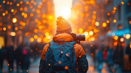 urban street photographer capturing golden hour light with DSLR camera during vibrant photography session
