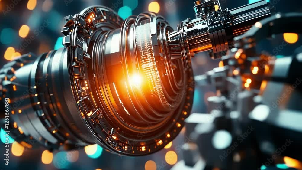 Poster complex rotating machinery with glowing lights and intricate details, suggesting advanced technology