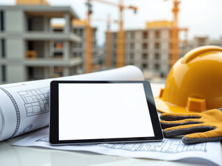 Tablet with a blank screen for mockup ui, with rolledup blueprints and a hardhat in a construction site