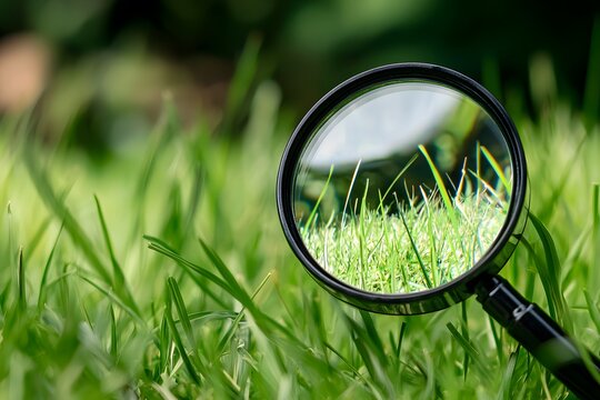 Magnifying the Mundane: A close-up of a magnifying glass revealing the intricate details of green grass blades, a simple yet evocative reminder of the beauty in the everyday.  
