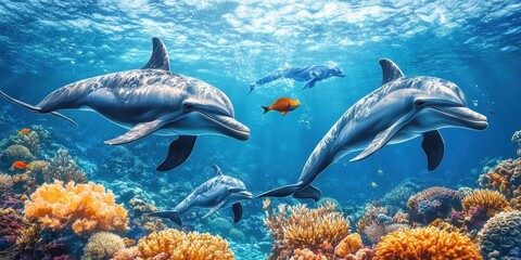 Fototapeta premium Group of dolphins swimming gracefully above vibrant coral reefs