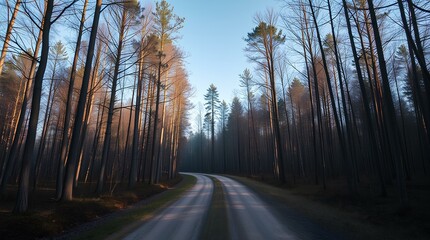 Fototapeta premium Photo of A forest with a dirt road in the middle of it. The road is surrounded by trees and the sky is blue.