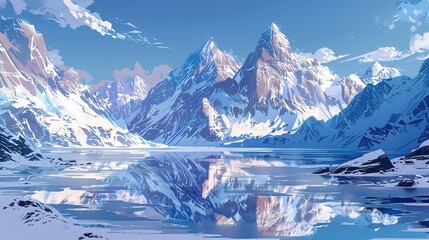 Fototapeta premium High-altitude mountain range covered in snow, with a frozen lake reflecting the peaks and the air crisp and fresh. 