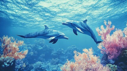 Obraz premium Two dolphins swim gracefully in the vibrant ocean waters