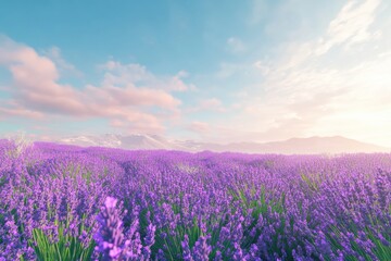 Fototapeta premium Calming field of lavender flowers stretching across the horizon, vibrant purple colors under a soft sky, mountain backdrop, peaceful landscape, copyspace, concept of nature, relaxation, wellness