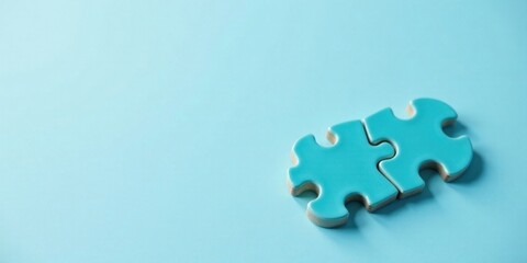 Obraz premium Two Teal Puzzle Pieces Interlocked on a Light Blue Background, Symbolizing Connection and Collaboration