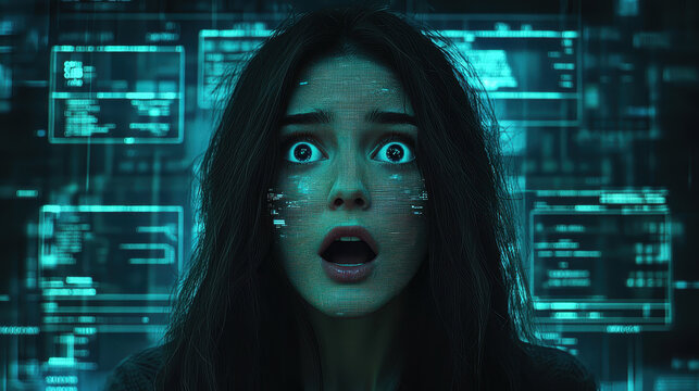 Person shocked by AI-generated deepfake as they experience cybernetic identity theft in a futuristic digital environment