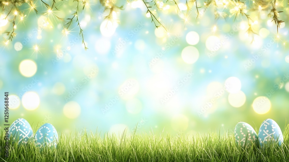Poster easter eggs in grass with twinkling lights and bokeh for a spring celebration theme.