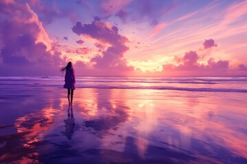 Fototapeta premium A woman standing on the beach, watching an epic, colorful sunset over the ocean