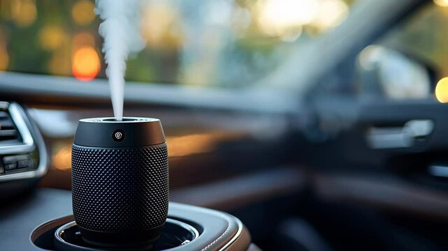 Elegant car interior with a stylish diffuser emitting calming mist