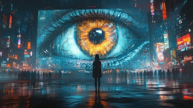 Futuristic Cityscape with Digital Eye, Cyberpunk Surveillance Technology, Neon Illumination, High-Tech Privacy and Security Visual Concepts
