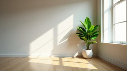 Fototapeta premium Sunlit Room Corner with Potted Plant and Hardwood Floor