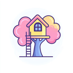 Fototapeta premium A charming treehouse nestled in a vibrant pink tree, featuring a cute design with a ladder leading up. Perfect for evoking childhood nostalgia and outdoor adventures.