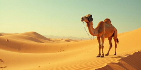 A lone camel, adorned with headphones, stands serenely amidst the undulating dunes of a sun-drenched desert landscape, a scene of unexpected tranquility and musical solitude.