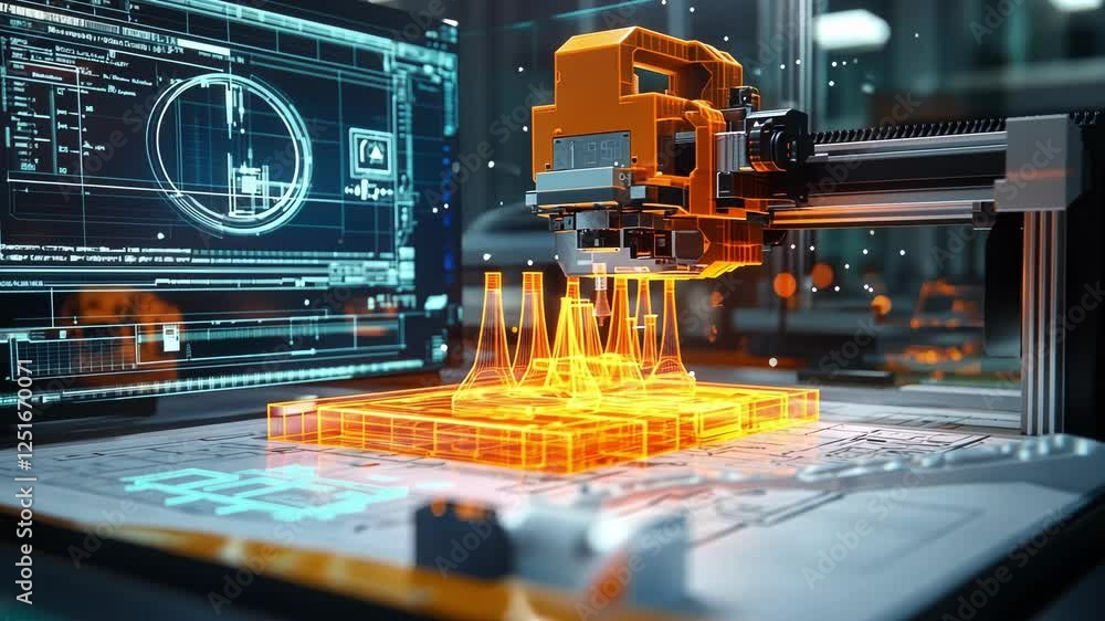 Poster modern 3d printer creating a futuristic glowing hologram model in a high tech laboratory setting, sh