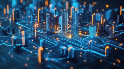 Futuristic city network glowing digital data streams