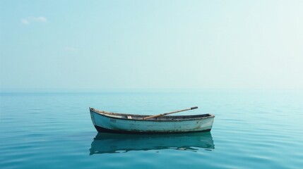 Obraz premium A solitary weathered rowboat floats serenely on a calm, azure expanse of water under a pale sky.