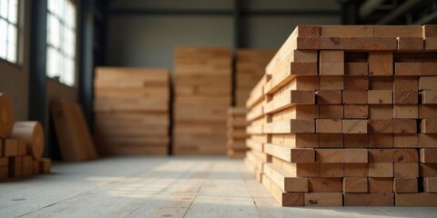 Warehouse Inventory of Stacked Lumber Blocks Ready for Construction Projects