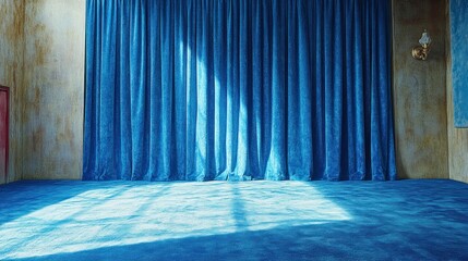 Blue curtains, sunlit room, grunge wall, backdrop