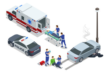 Isometric Car crash, Paramedics assist a patient on a stretcher beside an ambulance and police car. The scene is set on a road with trees, emphasizing emergency response in urban areas. © Golden Sikorka