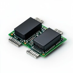 High-Resolution Close-Up of Electronic Circuit Board with Black Integrated Circuits and Metal Connectors