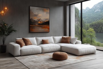 Fototapeta premium Modern Living Room Design Cozy Sofa Abstract Art Minimalist Scandinavian Style