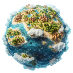 Fluffy 3D Cartoon Globe with Glowing Continents and Animals Isolated on Transparent Background
